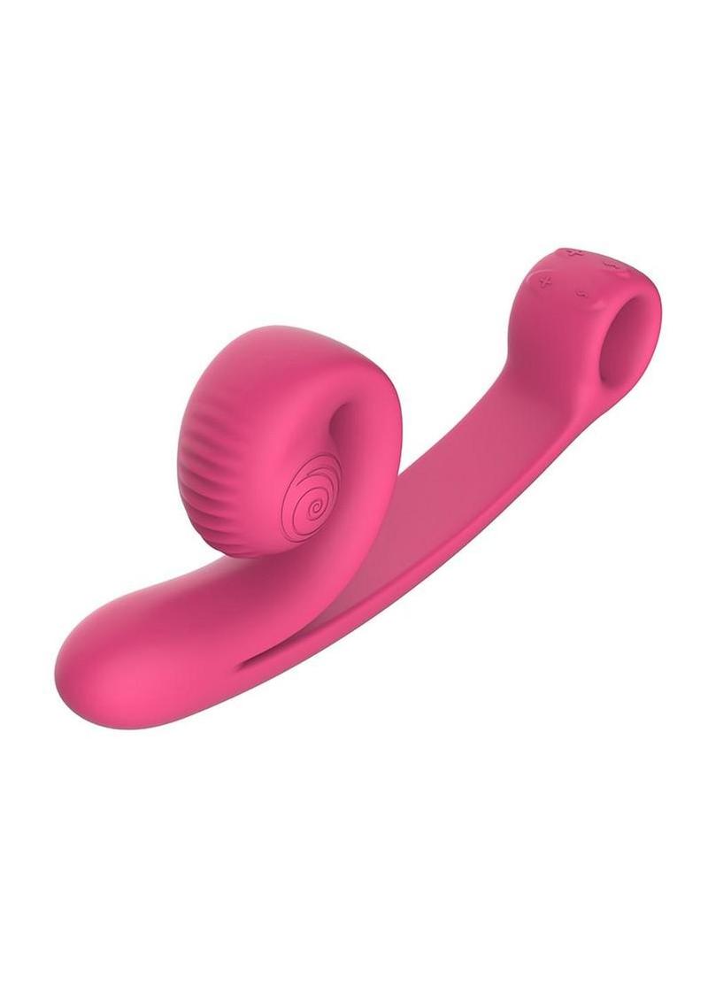 Pink SVibe Curve rechargeable silicone vibrator, angled view